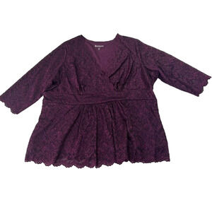 Roaman's Surplice Lace Top Womens Plus 1X 22/24 Dark Berry Side Zip Scallop Hem
